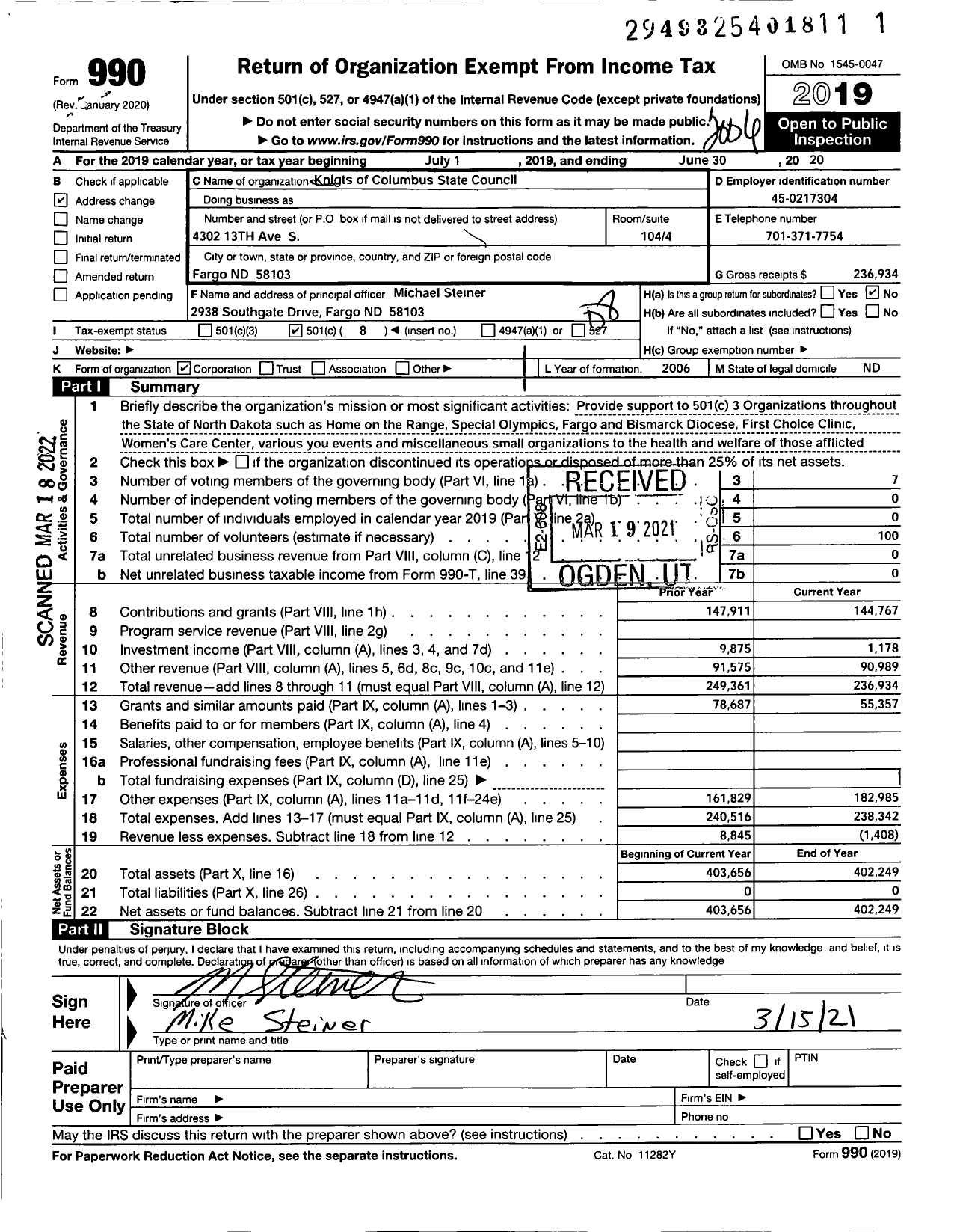 Image of first page of 2019 Form 990O for Knights of Columbus - North Dakota State Council Knights of Columbus