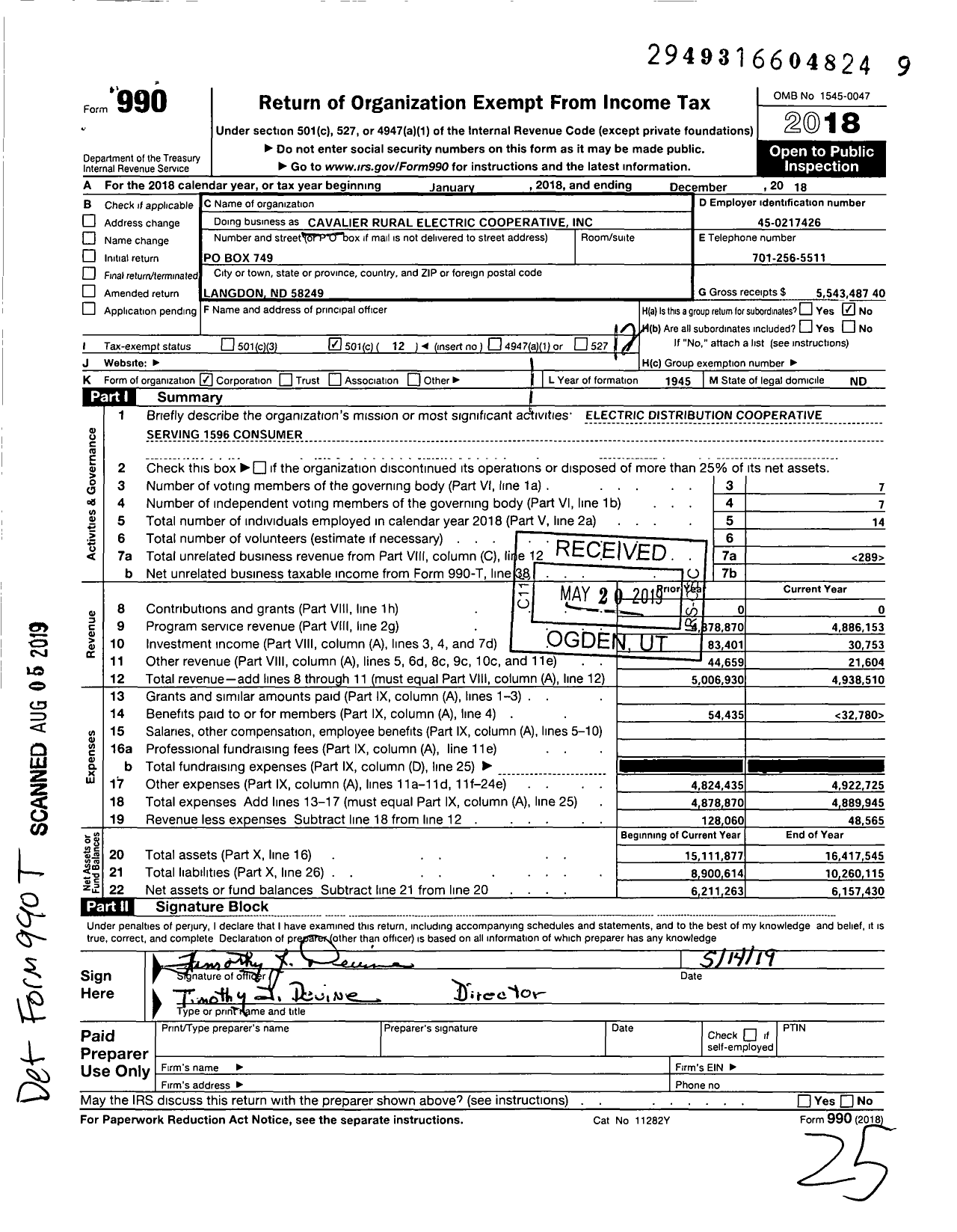 Image of first page of 2018 Form 990O for Cavalier Rural Electric Cooperative