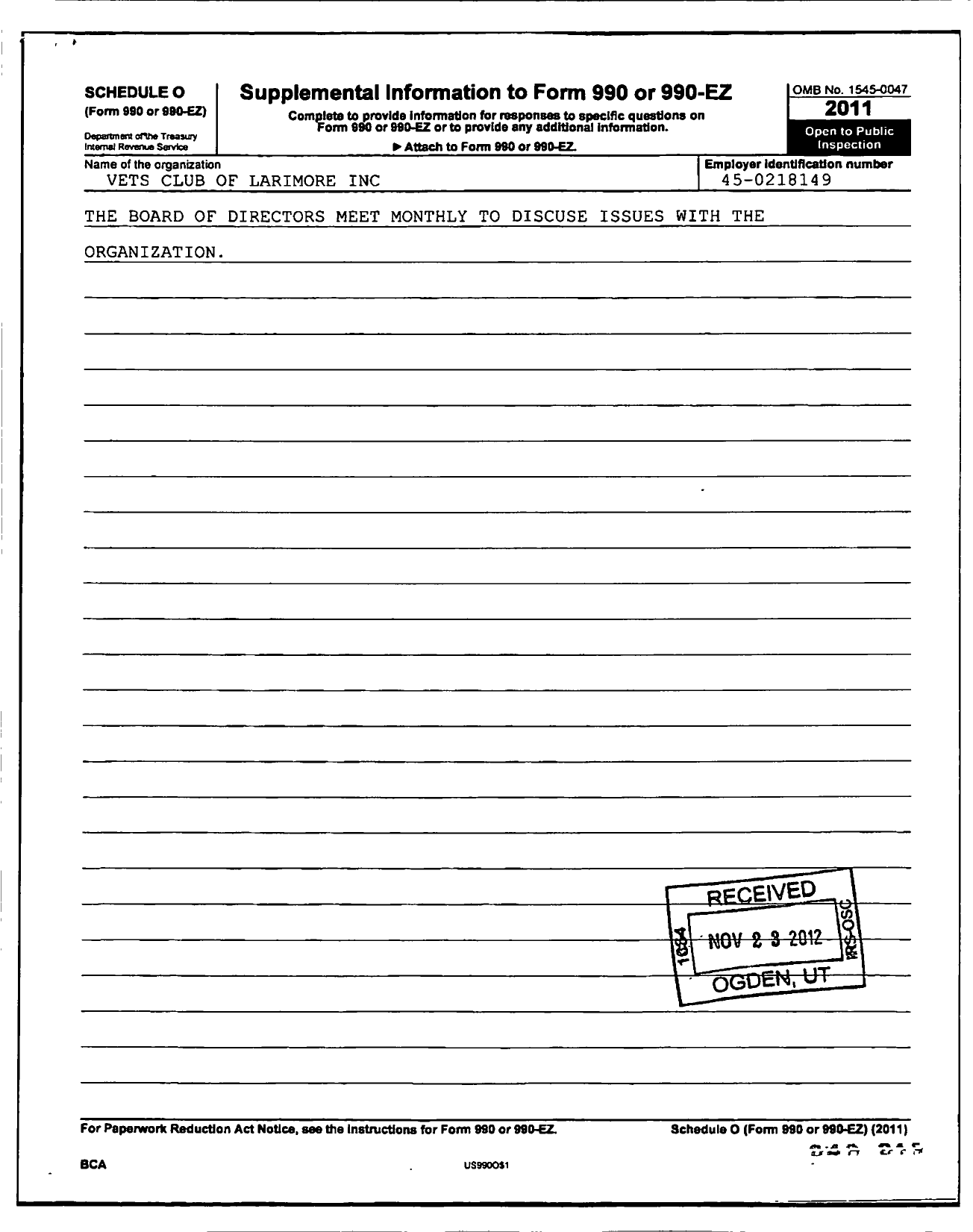 Image of first page of 2011 Form 990OR for Vets Club of Larimore
