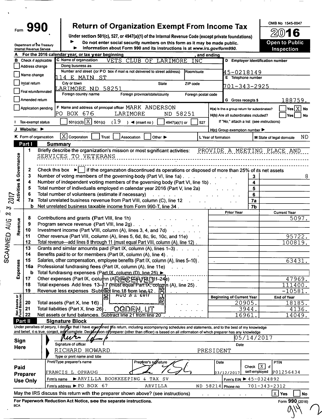 Image of first page of 2016 Form 990O for Vets Club of Larimore