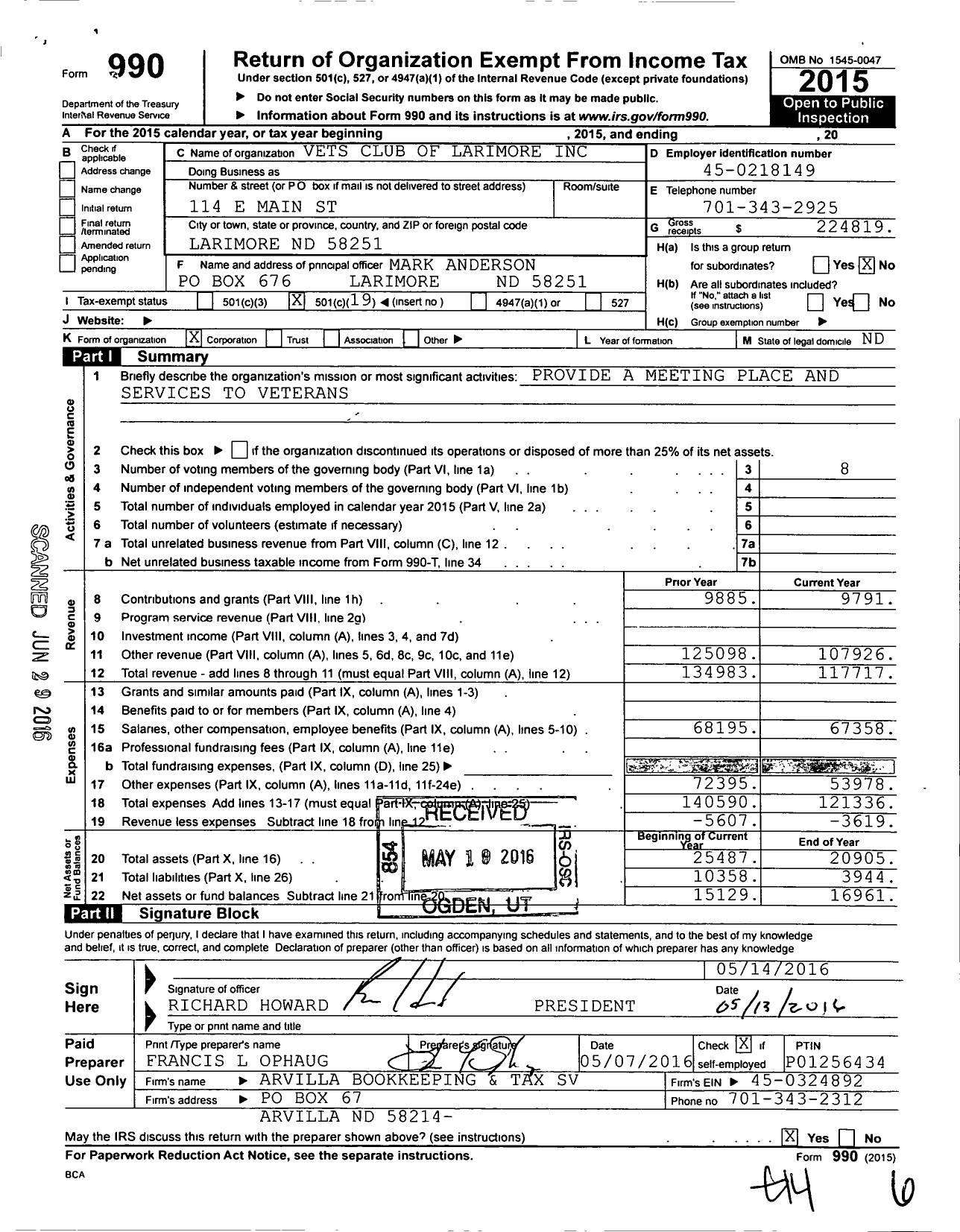 Image of first page of 2015 Form 990O for Vets Club of Larimore