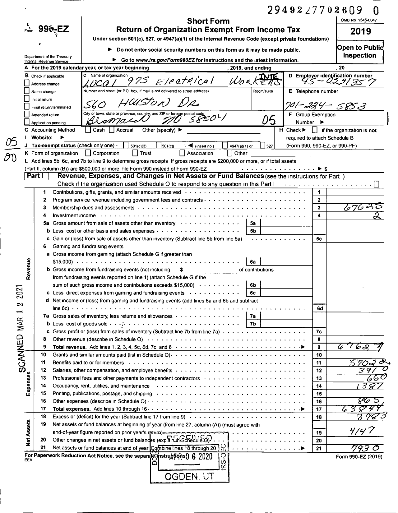 Image of first page of 2019 Form 990EO for International Brotherhood of Electrical Workers - 0975 Local Union