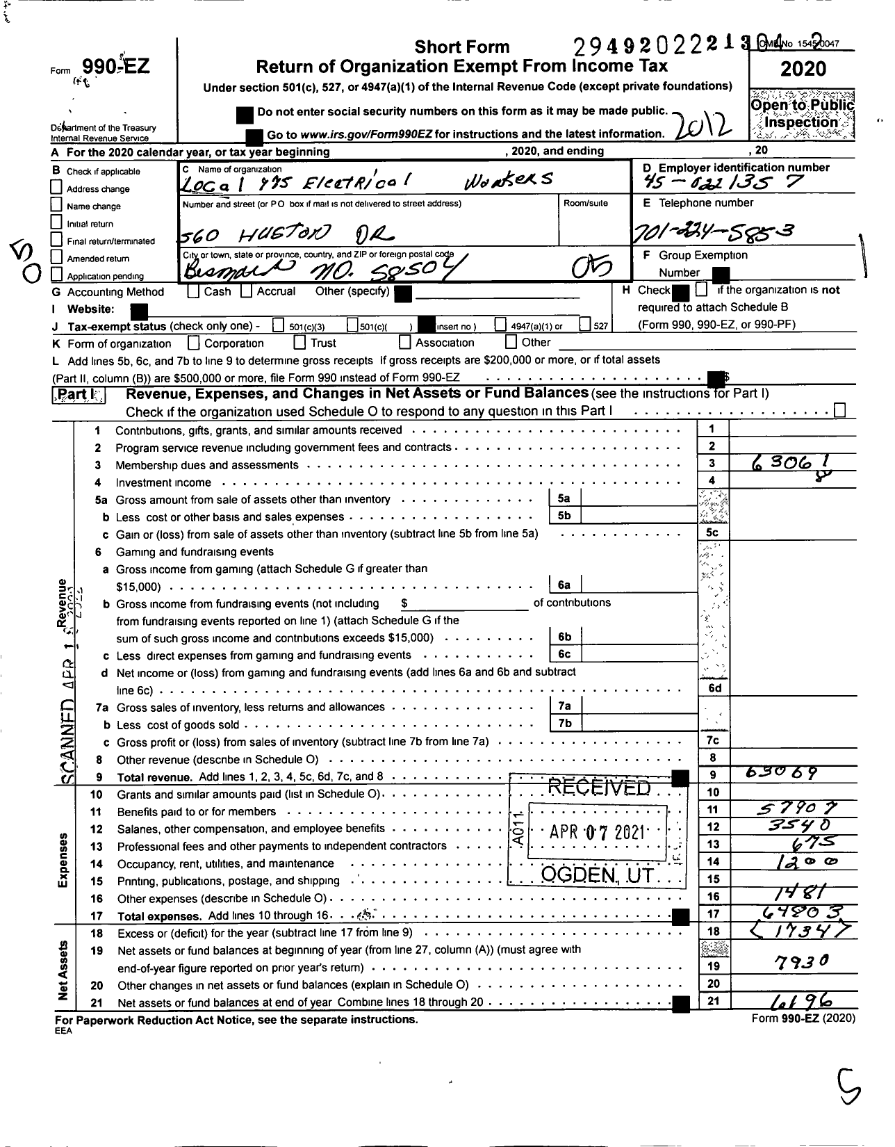 Image of first page of 2020 Form 990EO for International Brotherhood of Electrical Workers - 0975 Local Union