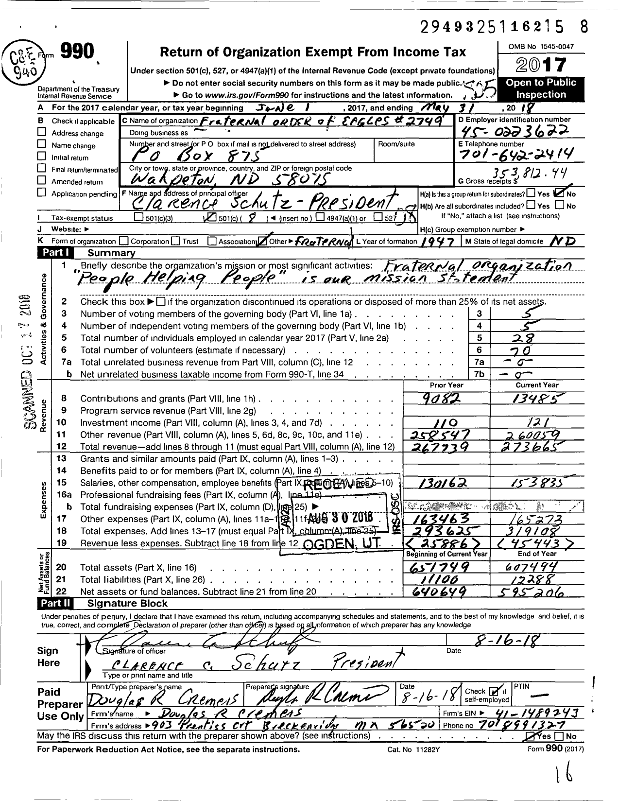 Image of first page of 2017 Form 990O for Fraternal Order of Eagles - 2749 Aerie