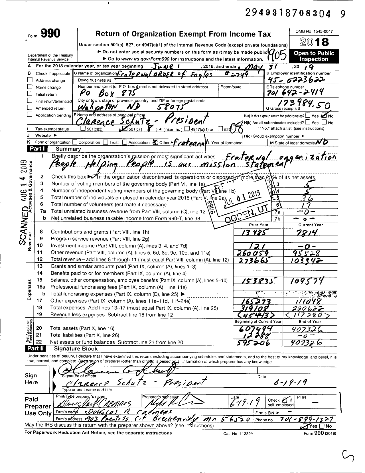 Image of first page of 2018 Form 990O for Fraternal Order of Eagles - 2749 Aerie