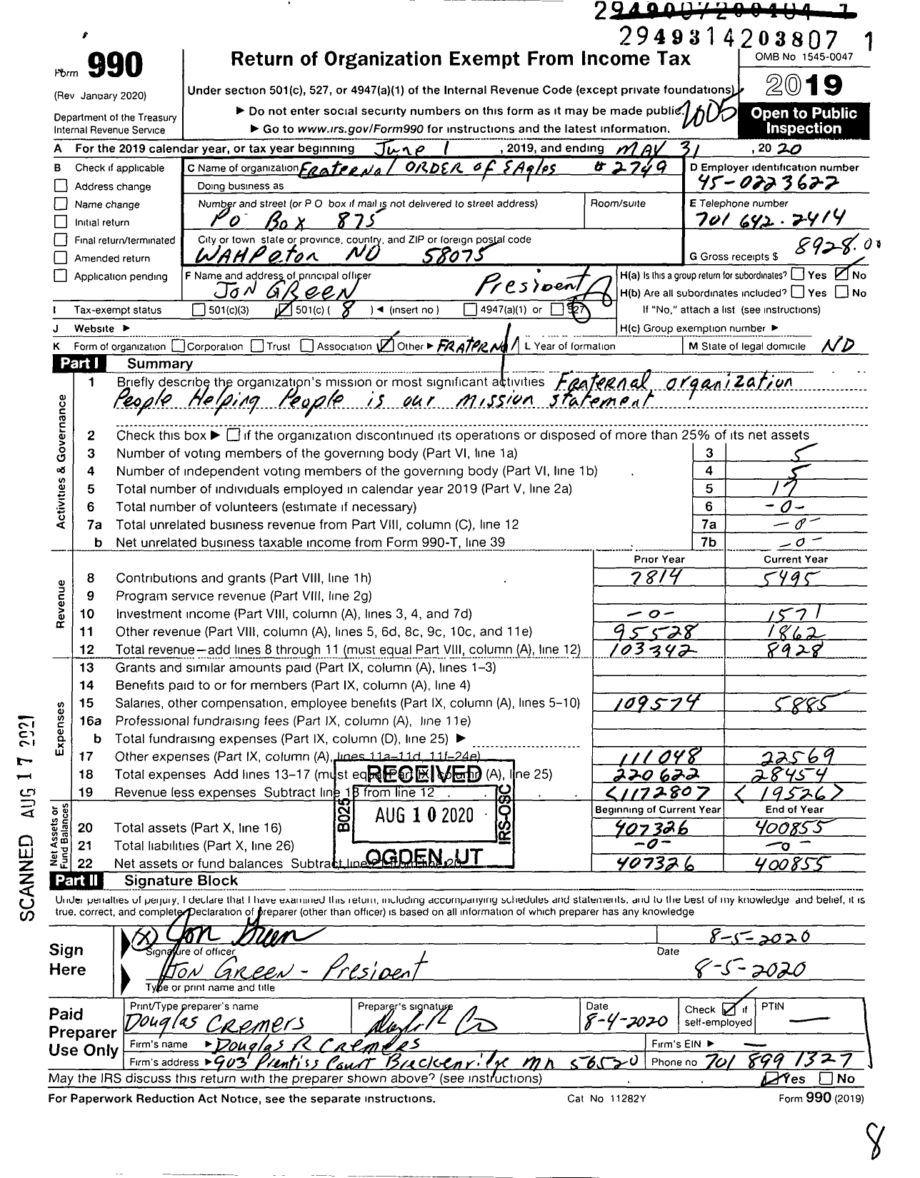 Image of first page of 2019 Form 990O for Fraternal Order of Eagles - 2749 Aerie