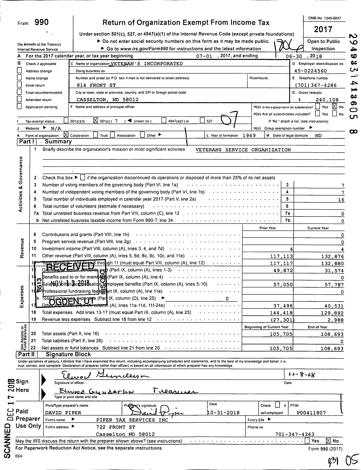 Image of first page of 2017 Form 990O for Veterans Incorporated