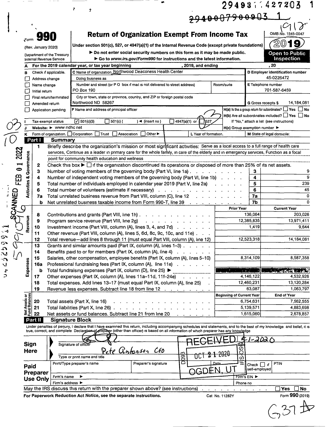 Image of first page of 2019 Form 990 for Northwood Deaconess Health Center (NDHC)