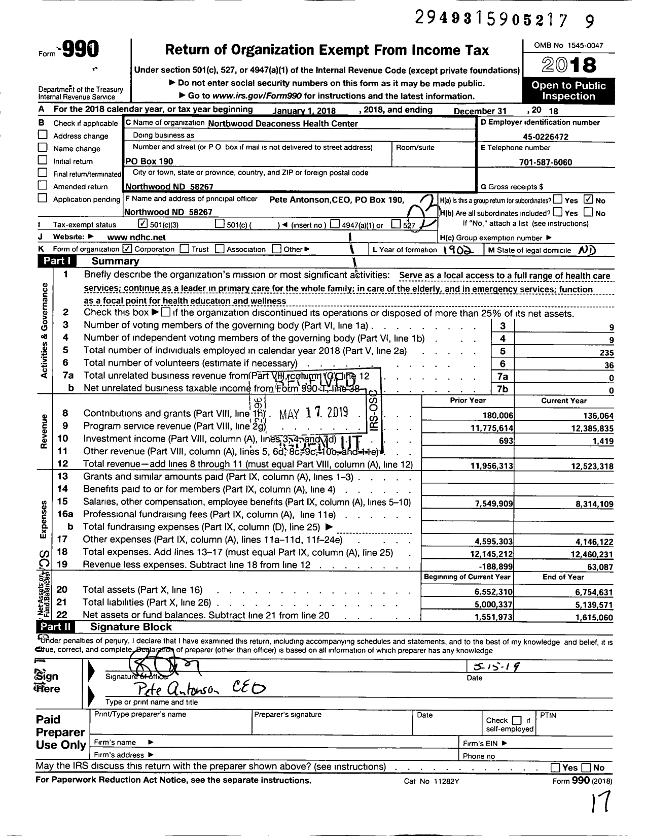 Image of first page of 2018 Form 990 for Northwood Deaconess Health Center (NDHC)