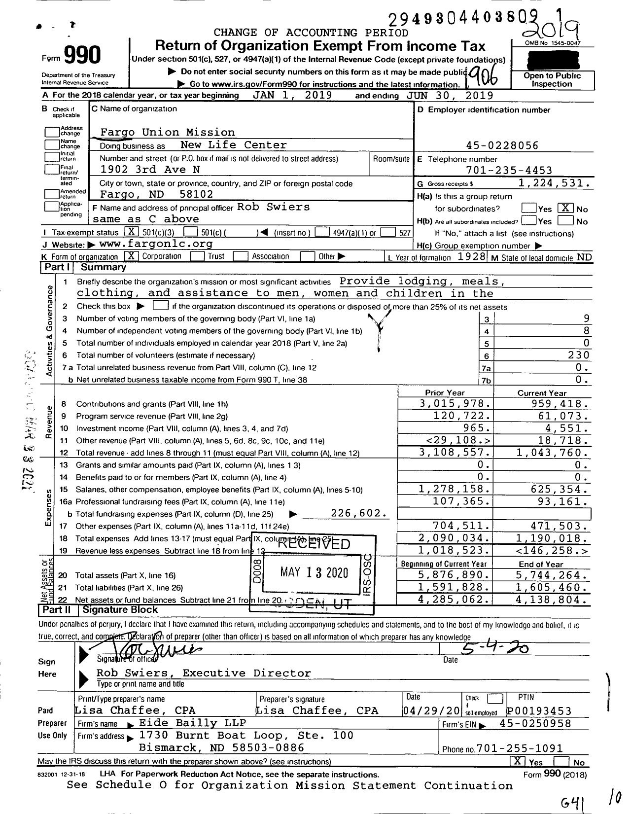 Image of first page of 2018 Form 990 for New Life Center / Fargo Union Mission