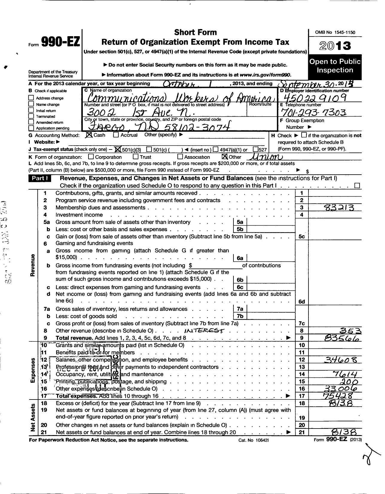 Image of first page of 2013 Form 990EZ for Communications Workers of America