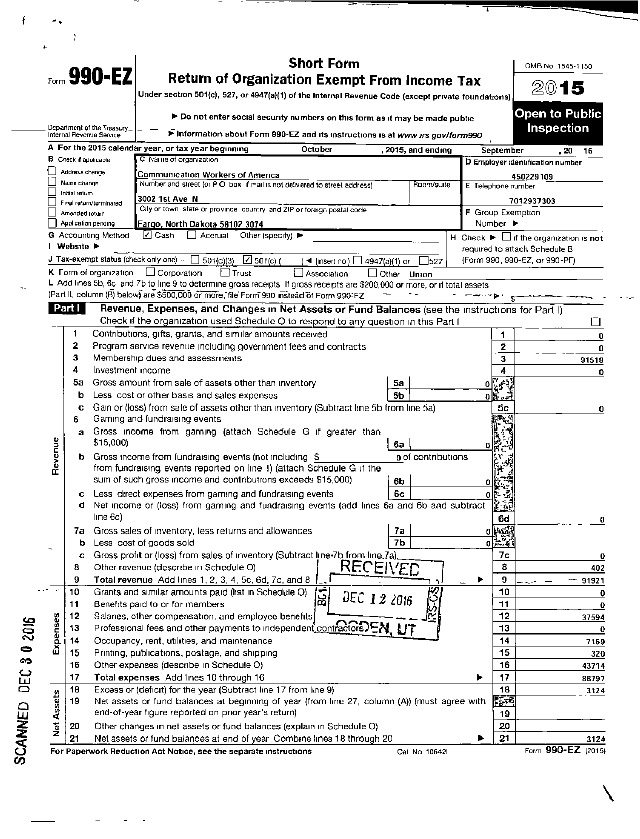 Image of first page of 2015 Form 990EO for Communications Workers of America