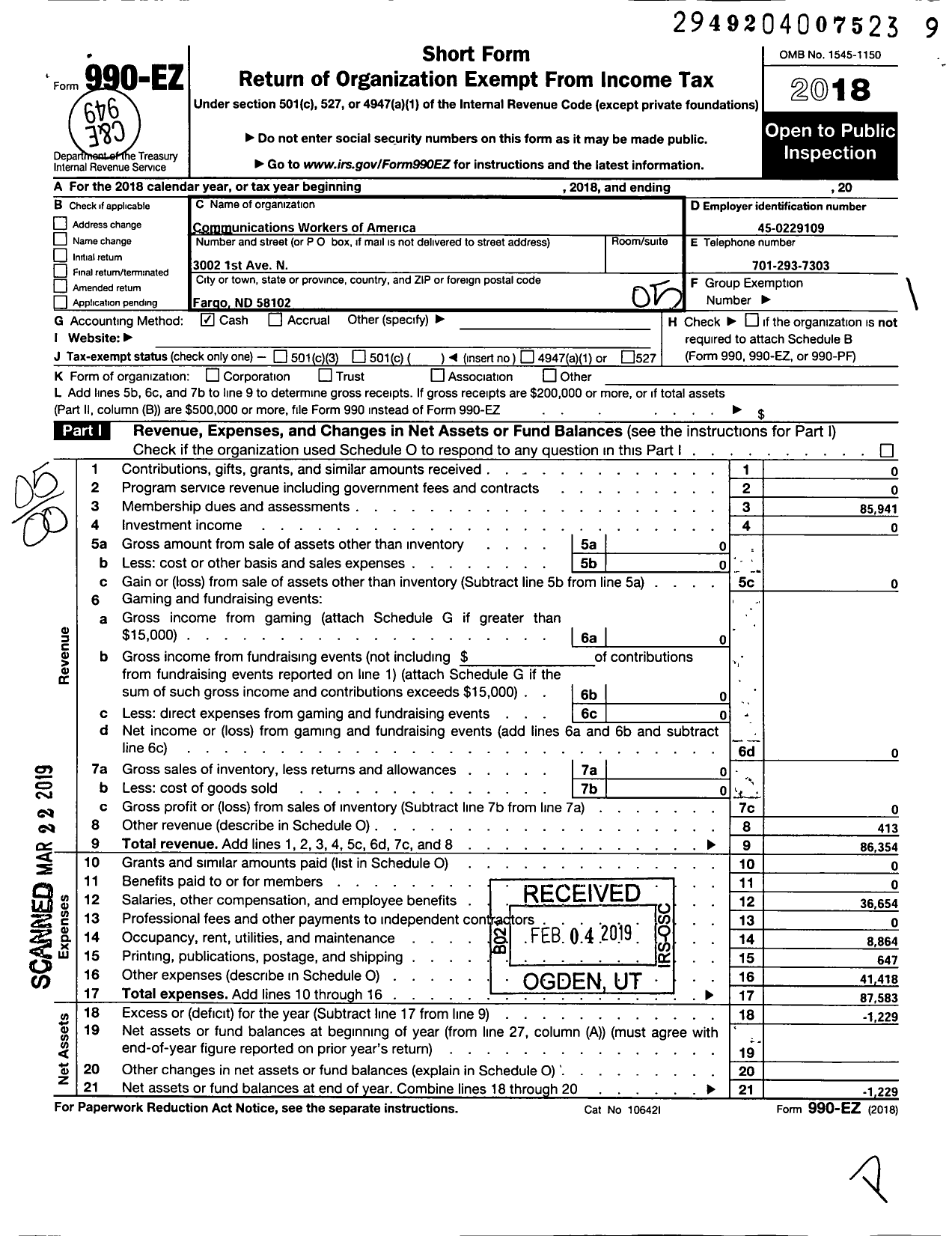 Image of first page of 2018 Form 990EO for Communications Workers of America