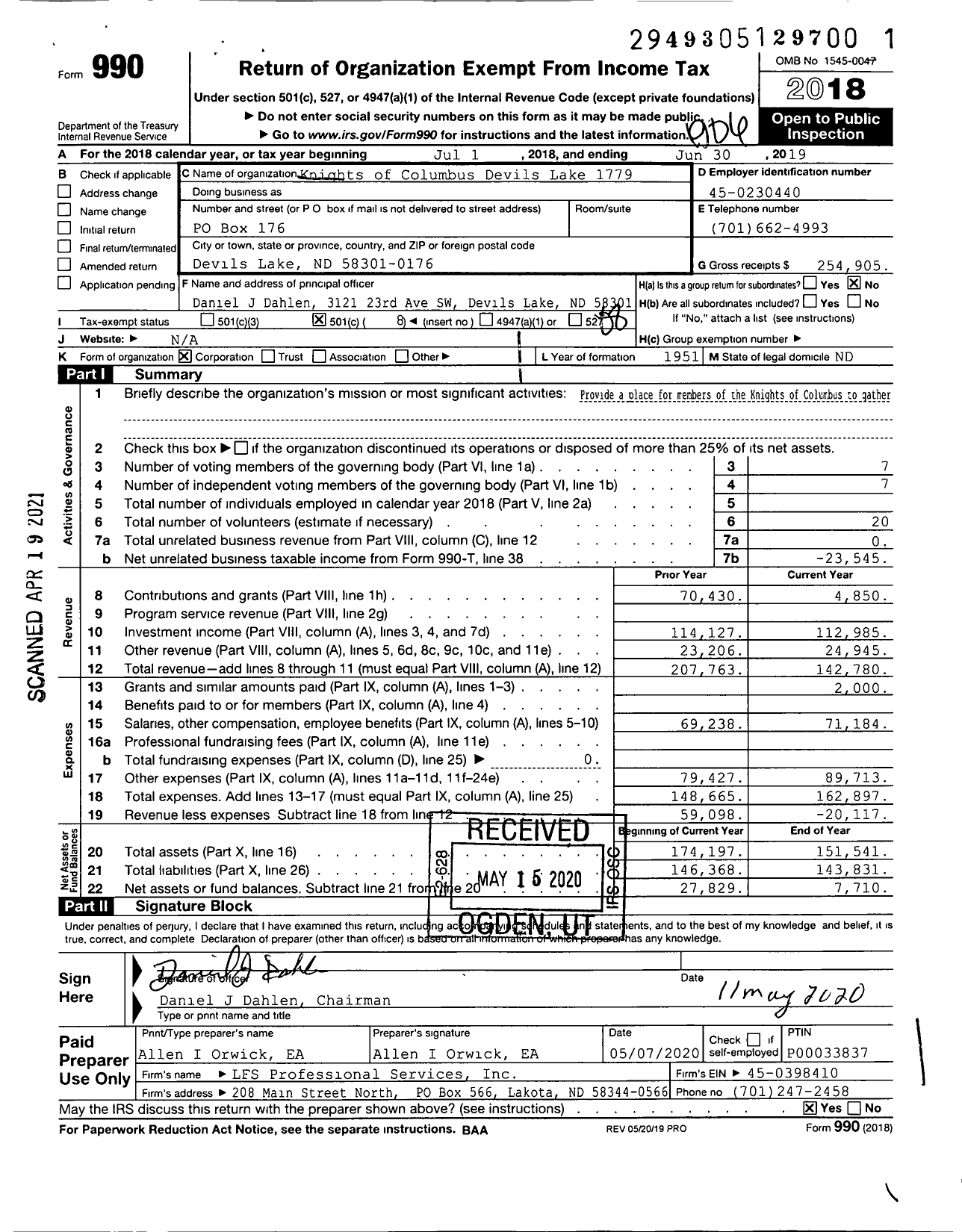 Image of first page of 2018 Form 990O for Knights of Columbus Devils Lake 1779