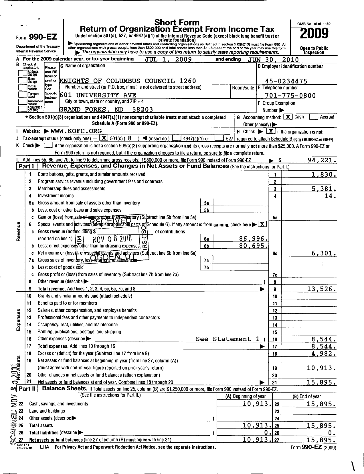 Image of first page of 2009 Form 990EO for Knights of Columbus - 1260 Grand Forks