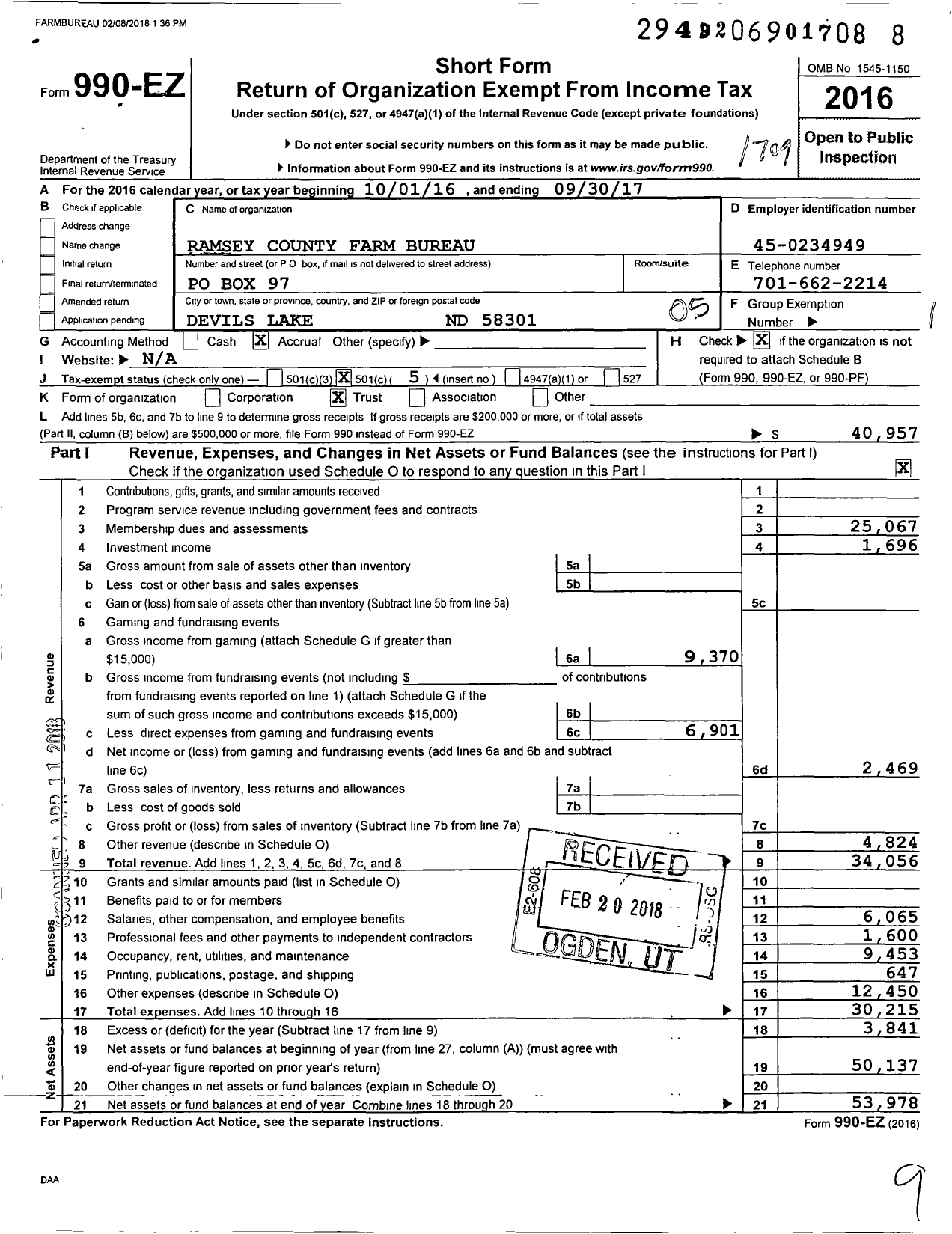 Image of first page of 2016 Form 990EO for Ramsey County Farm Bureau