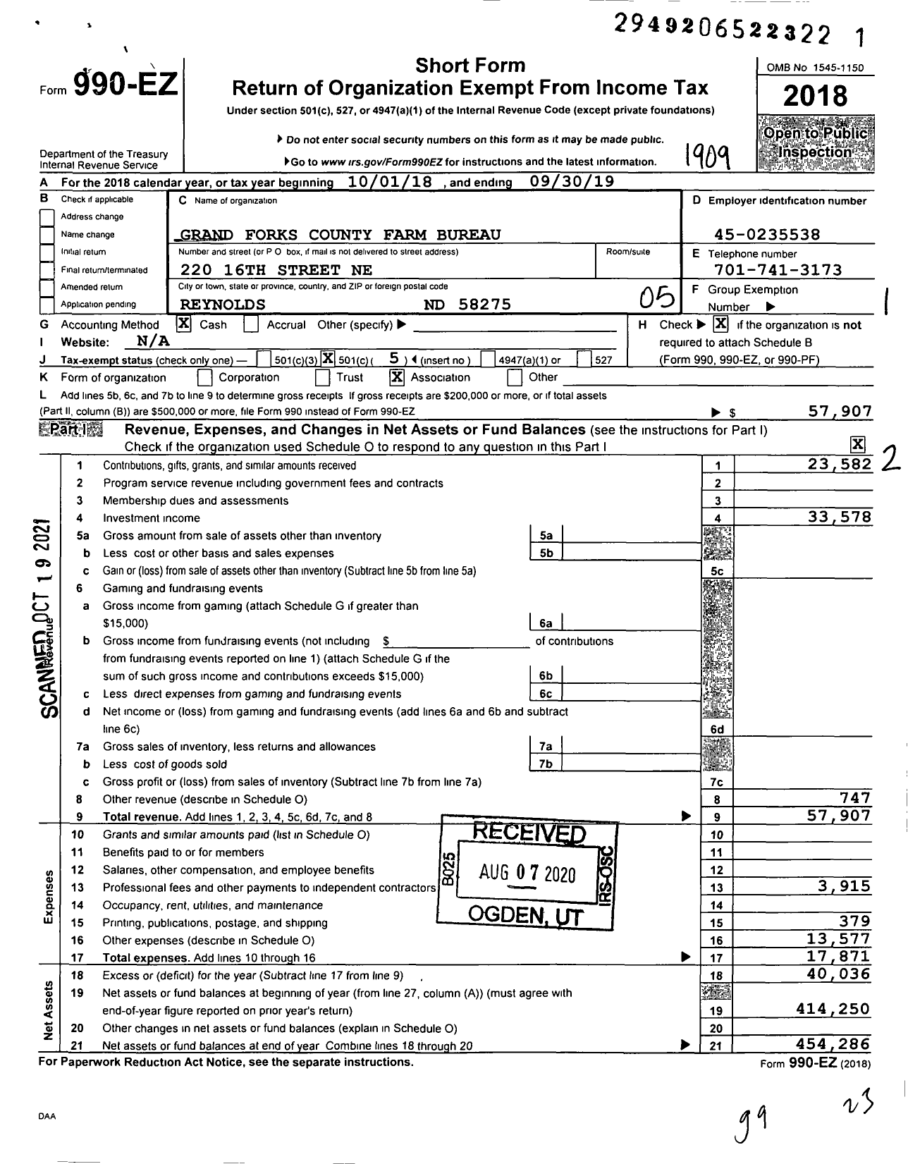 Image of first page of 2018 Form 990EO for Grand Forks County Farm Bureau