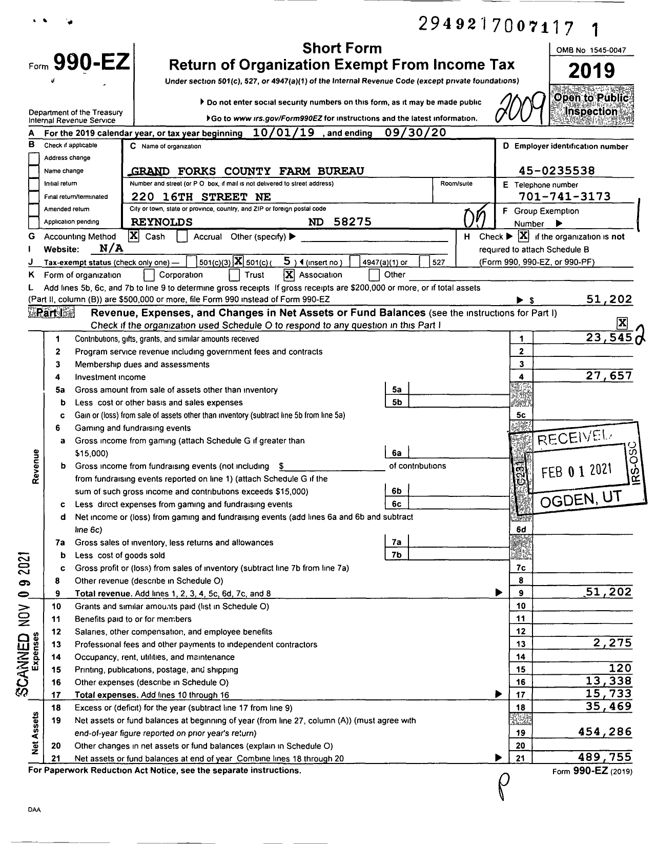 Image of first page of 2019 Form 990EO for Grand Forks County Farm Bureau