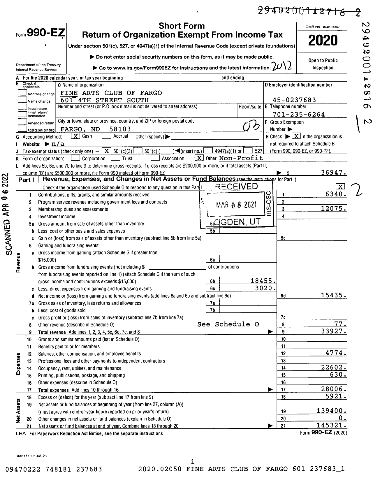 Image of first page of 2020 Form 990EZ for Fine Arts Club of Fargo