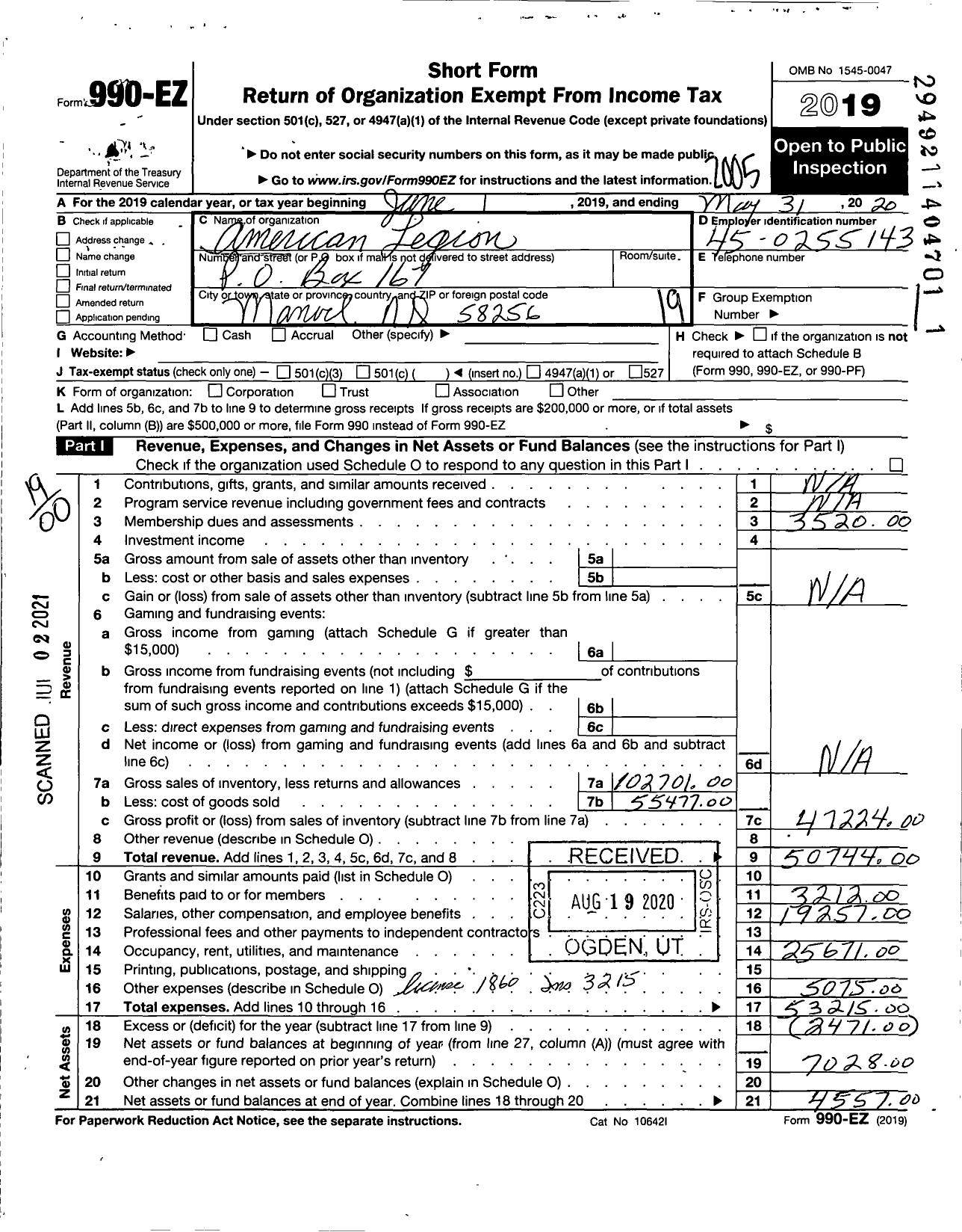 Image of first page of 2019 Form 990EO for American Legion - 299 Manvel