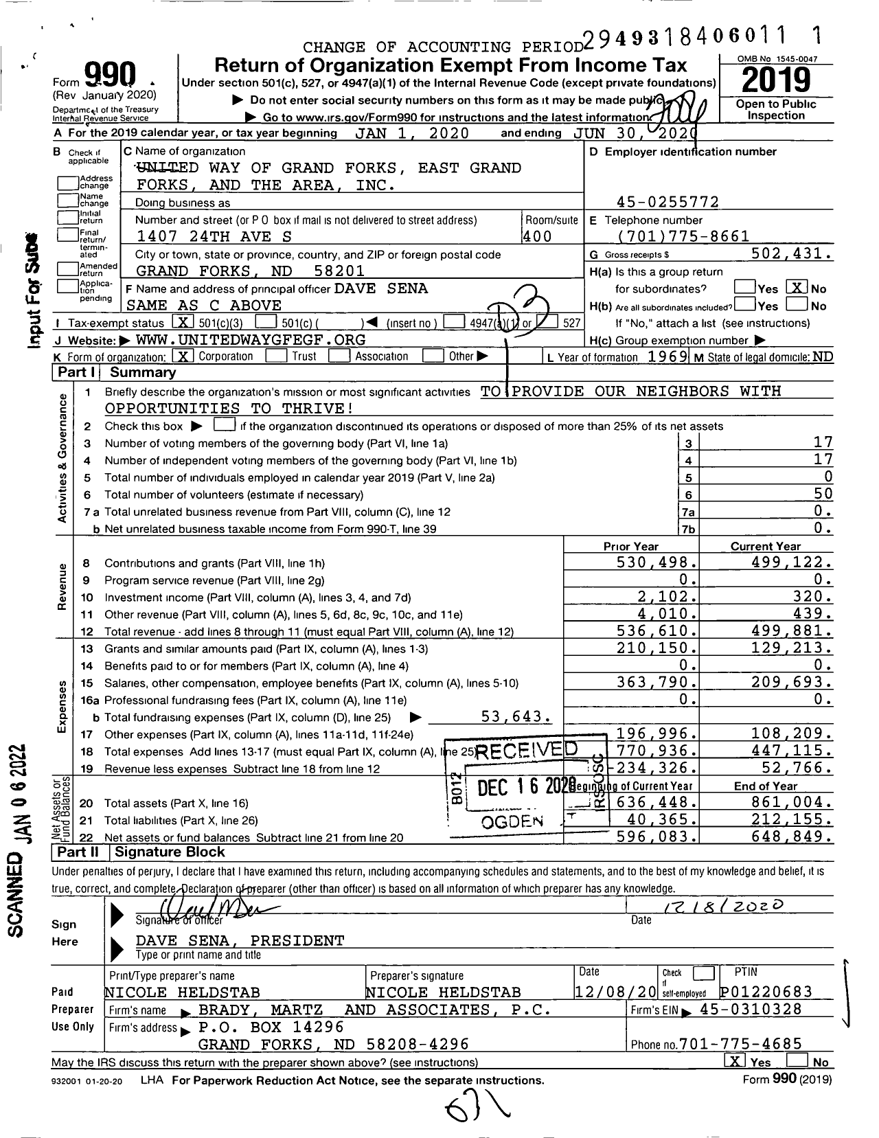 Image of first page of 2019 Form 990 for United Way of Grand Forks East Grand Forks and the Area