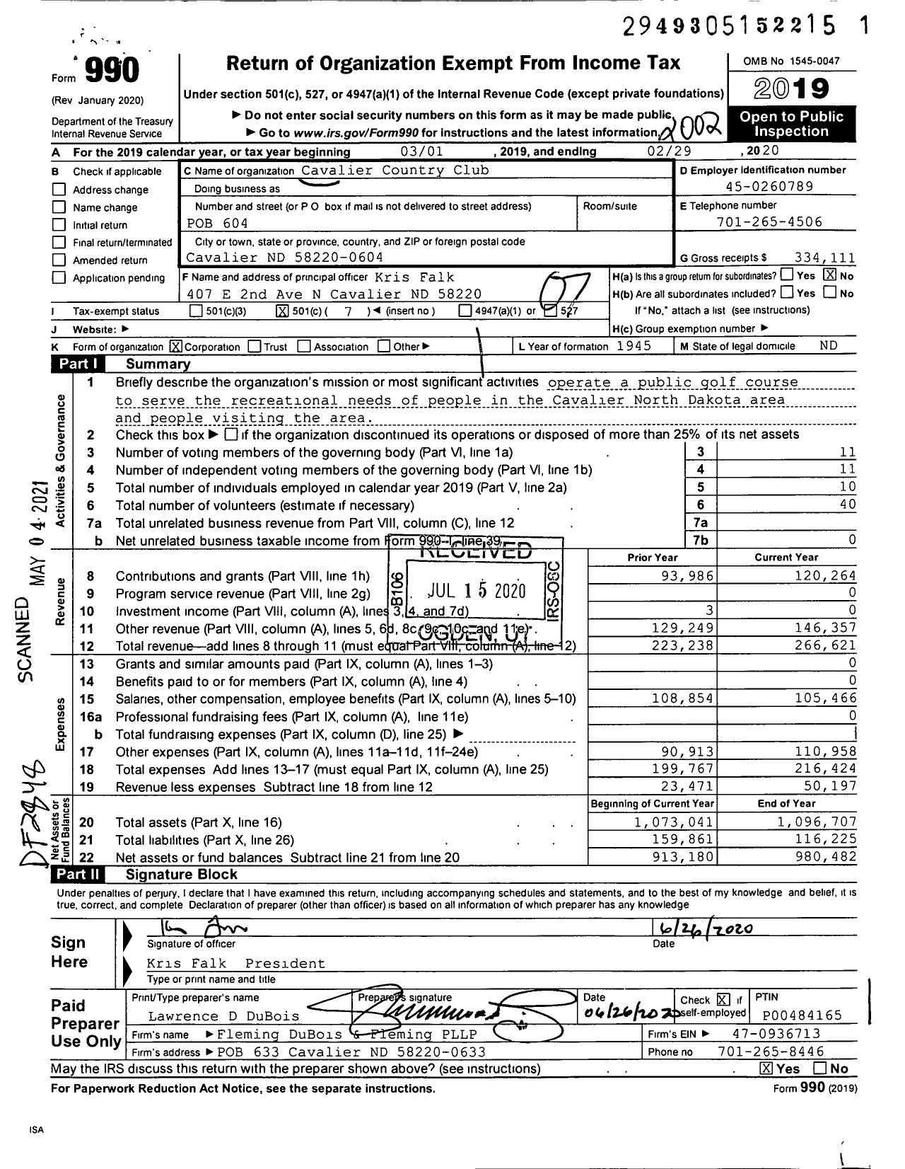 Image of first page of 2019 Form 990O for Cavalier Country Club