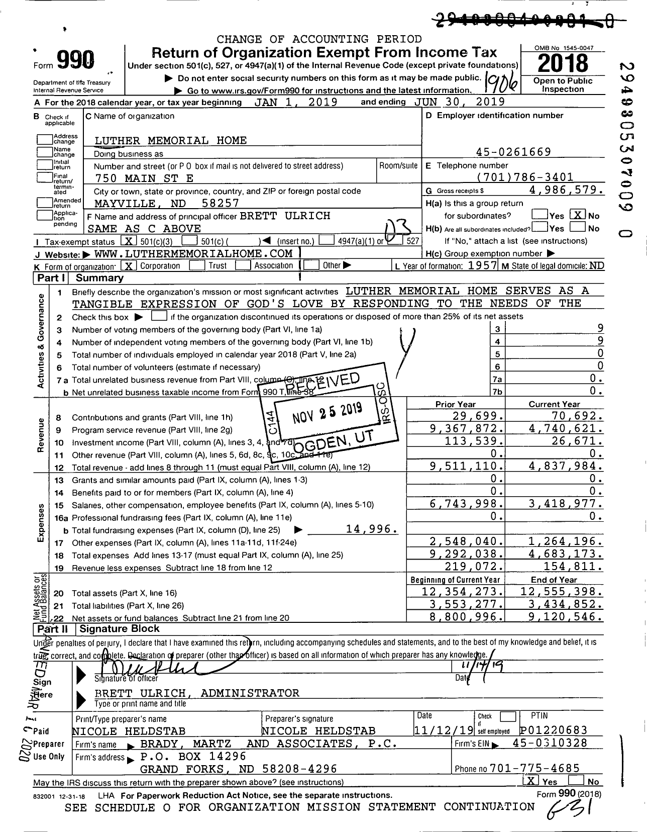 Image of first page of 2018 Form 990 for Luther Memorial Home (LMH)