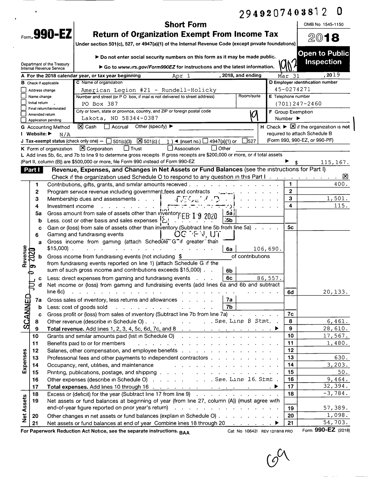 Image of first page of 2018 Form 990EO for American Legion - 21 Rundell-Holicky