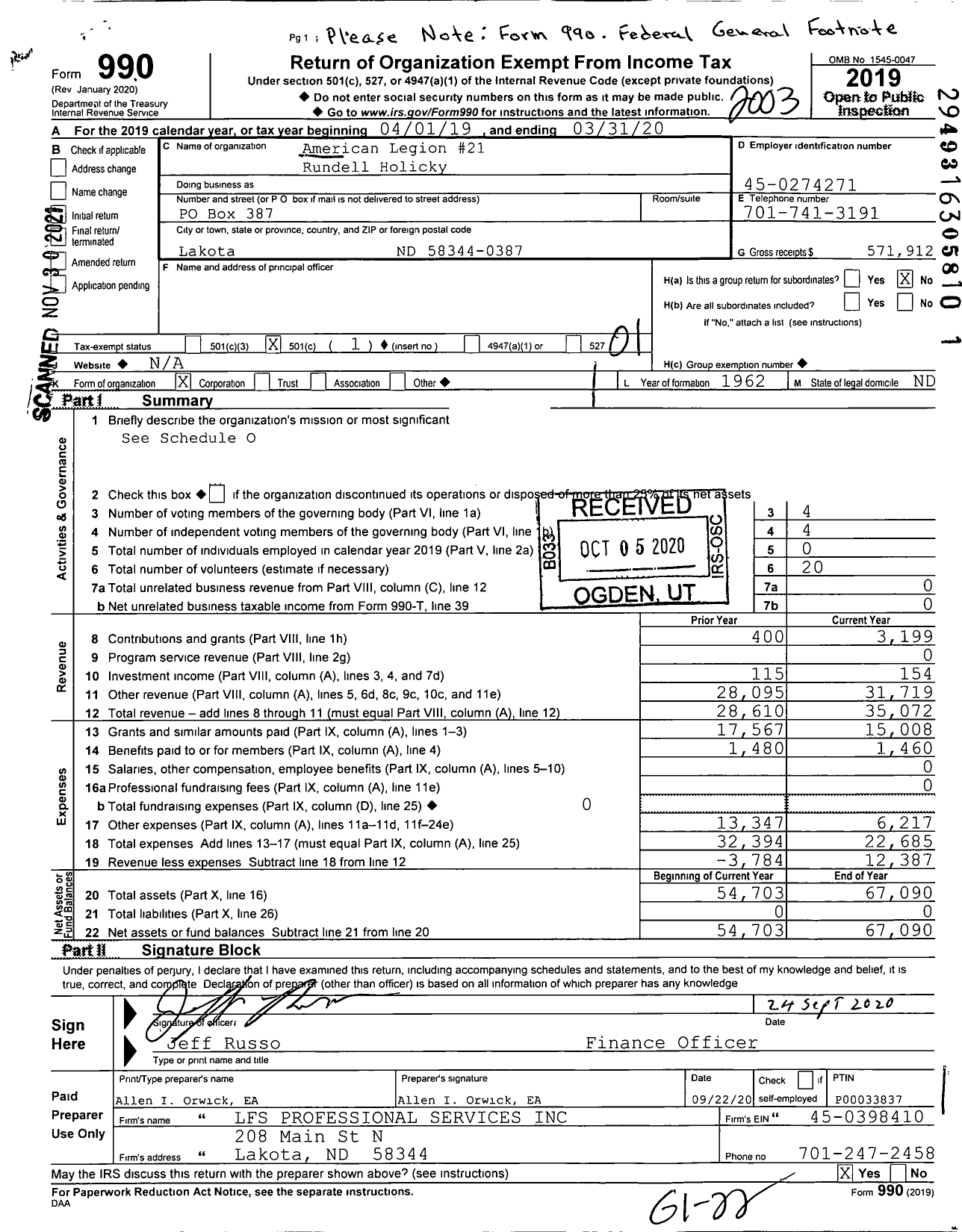 Image of first page of 2019 Form 990O for American Legion - 21 Rundell-Holicky