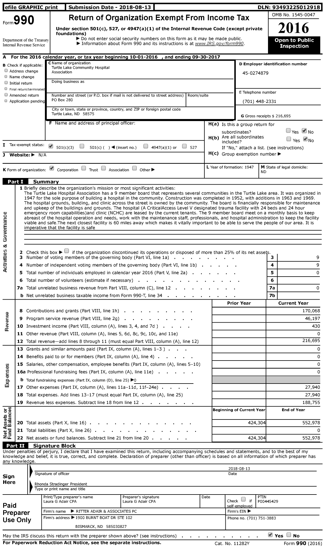 Image of first page of 2016 Form 990 for Turtle Lake Community Hospital Association