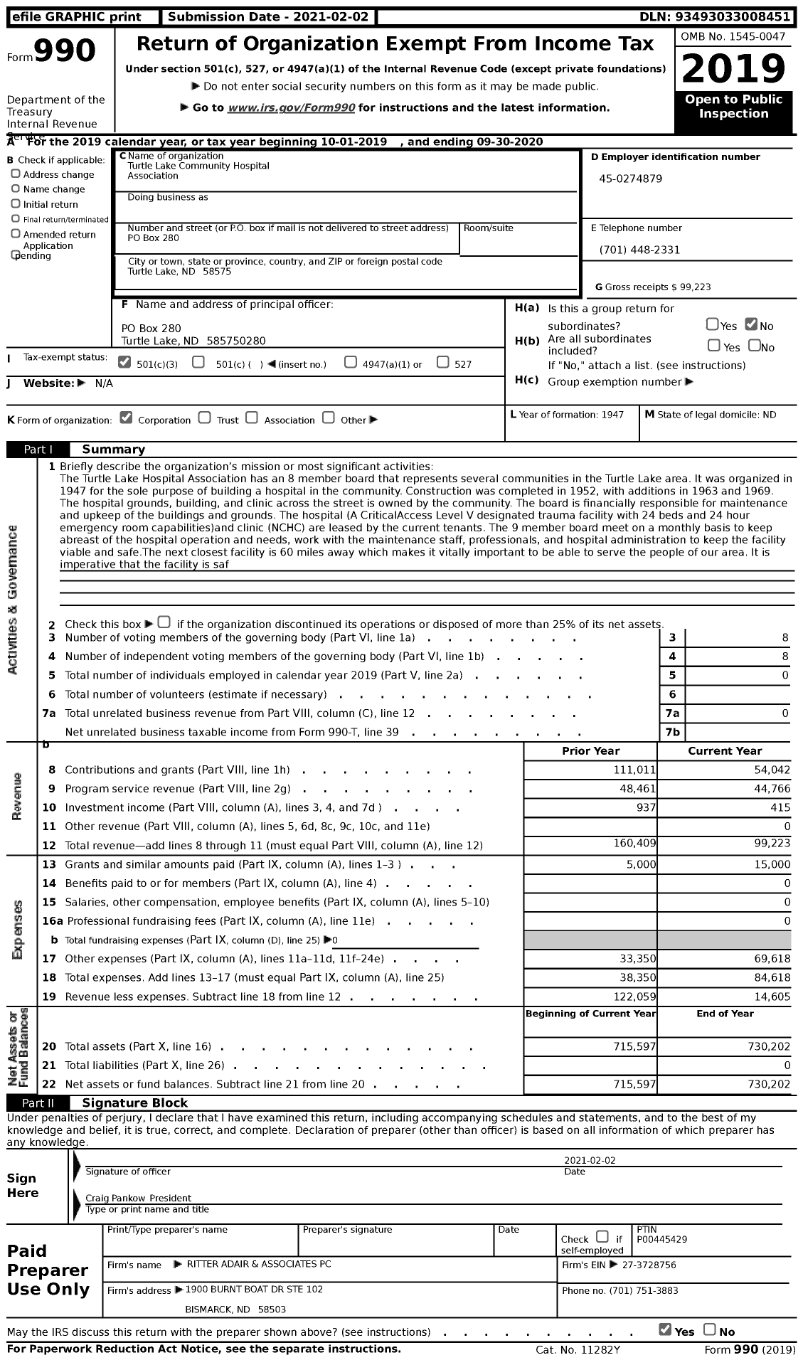 Image of first page of 2019 Form 990 for Turtle Lake Community Hospital Association