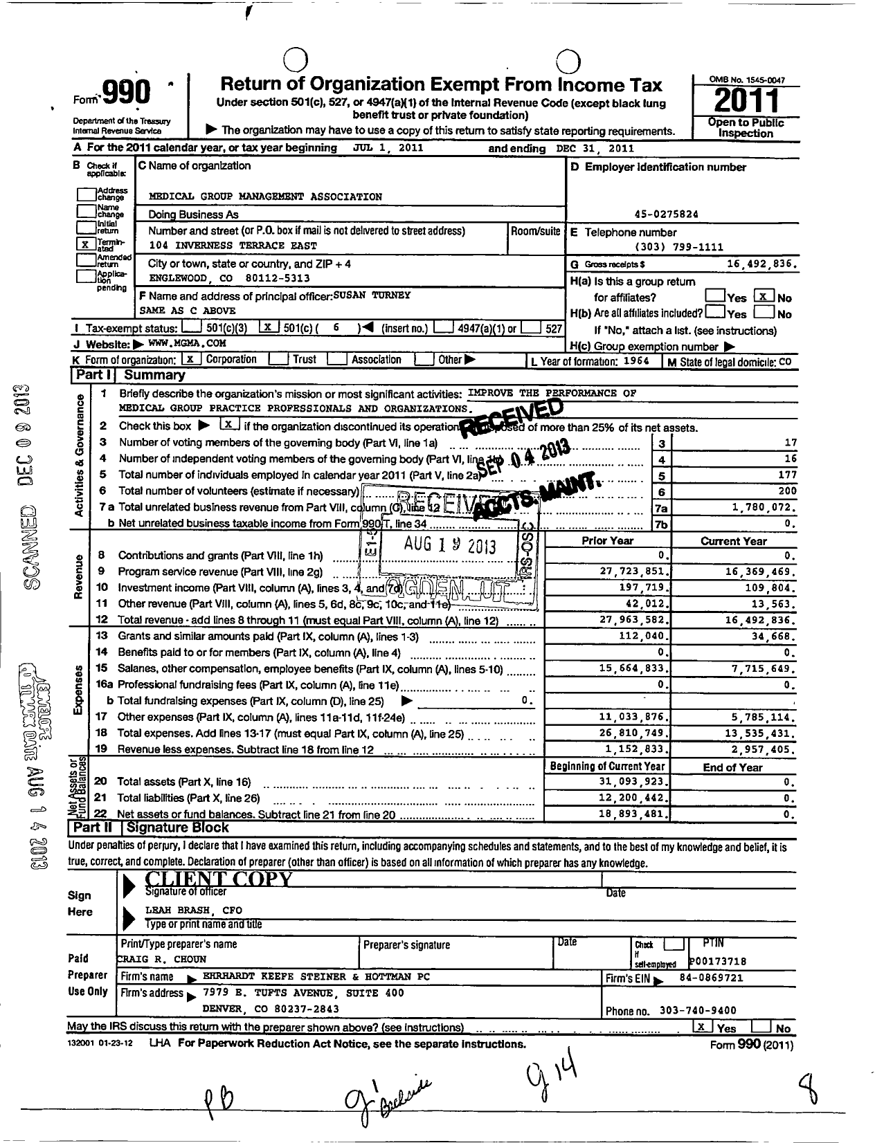 Image of first page of 2011 Form 990O for Medical Group Management Association (MGMA)
