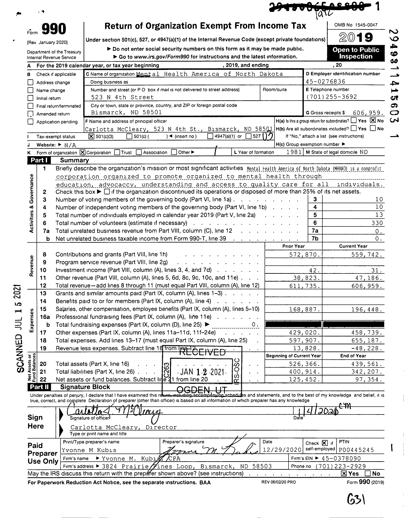 Image of first page of 2019 Form 990 for Mental Health America of North Dakota