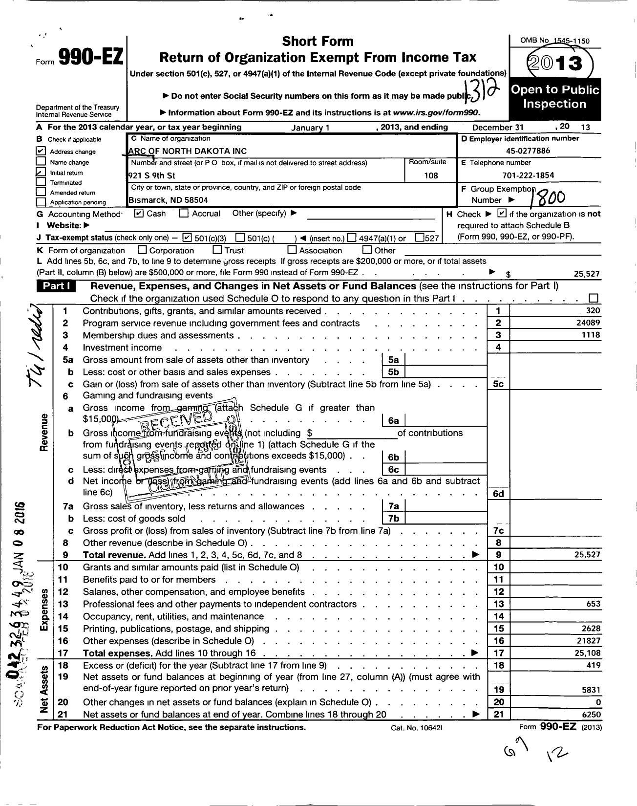 Image of first page of 2013 Form 990EZ for Arc of North Dakota