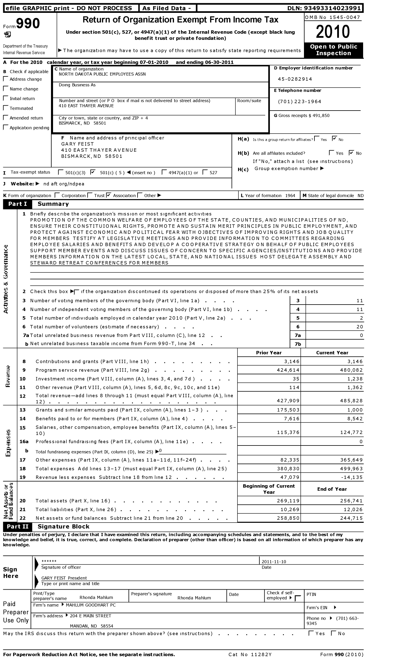 Image of first page of 2010 Form 990O for American Federation of Teachers - 4660 North Dakota Public Employees