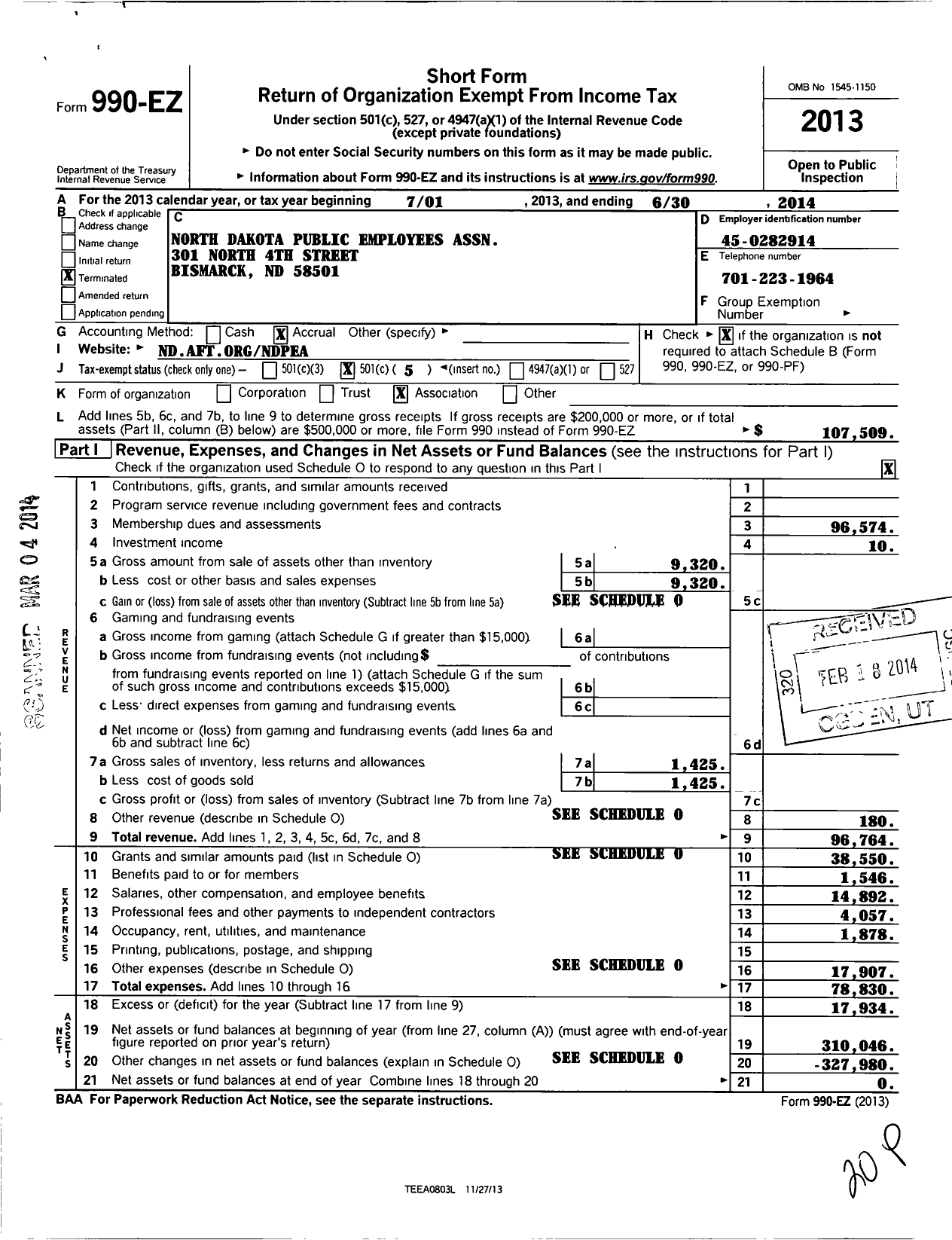 Image of first page of 2013 Form 990EO for American Federation of Teachers - 4660 North Dakota Public Employees