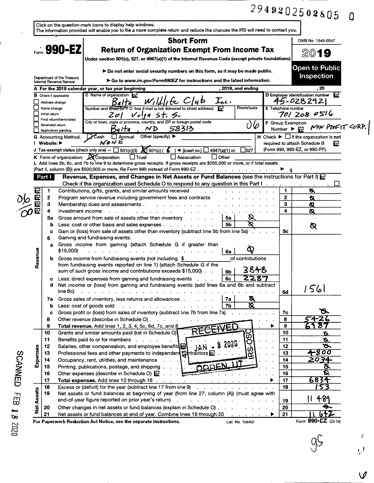 Image of first page of 2019 Form 990EO for Balta Wildlife Club