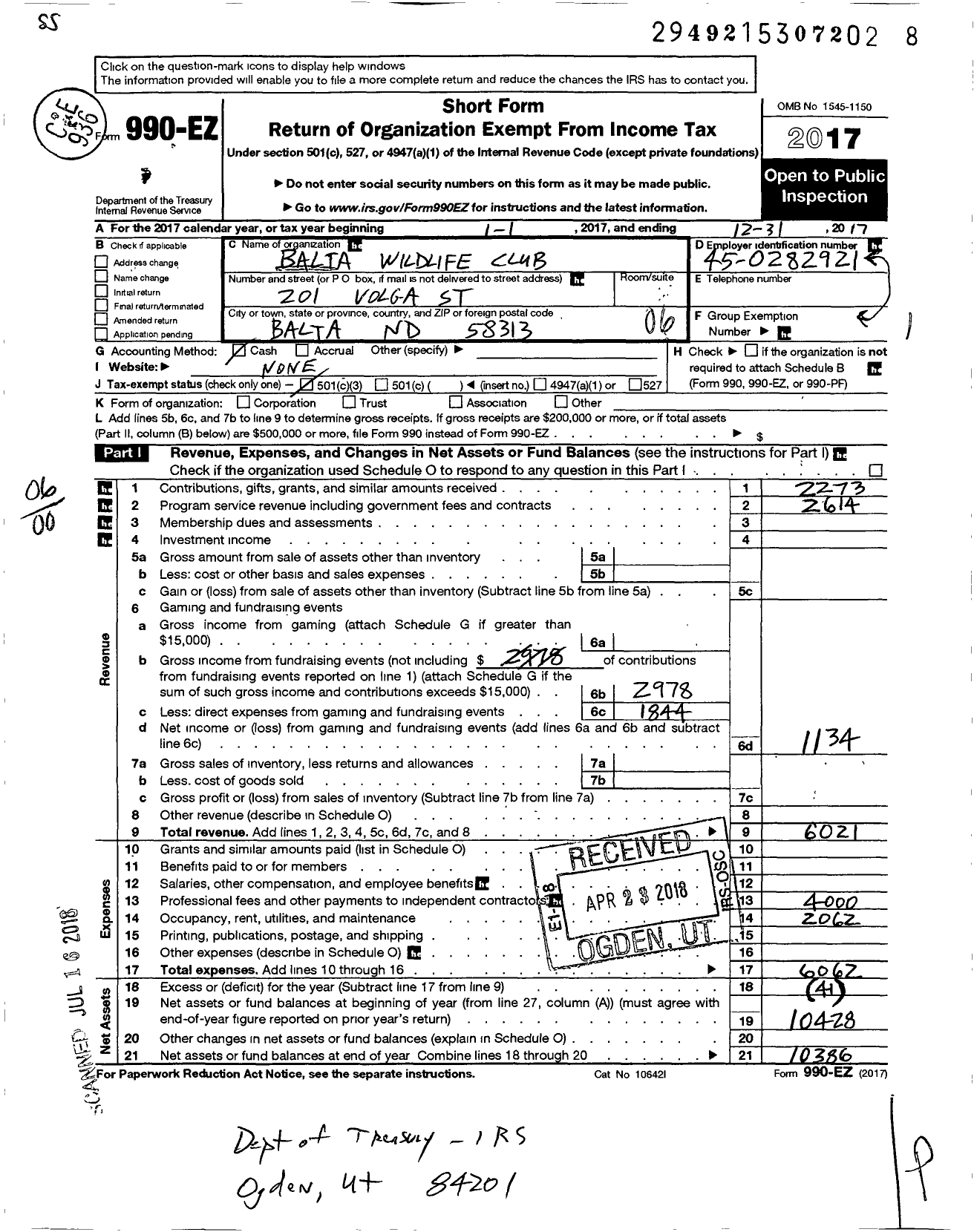 Image of first page of 2017 Form 990EO for Balta Wildlife Club