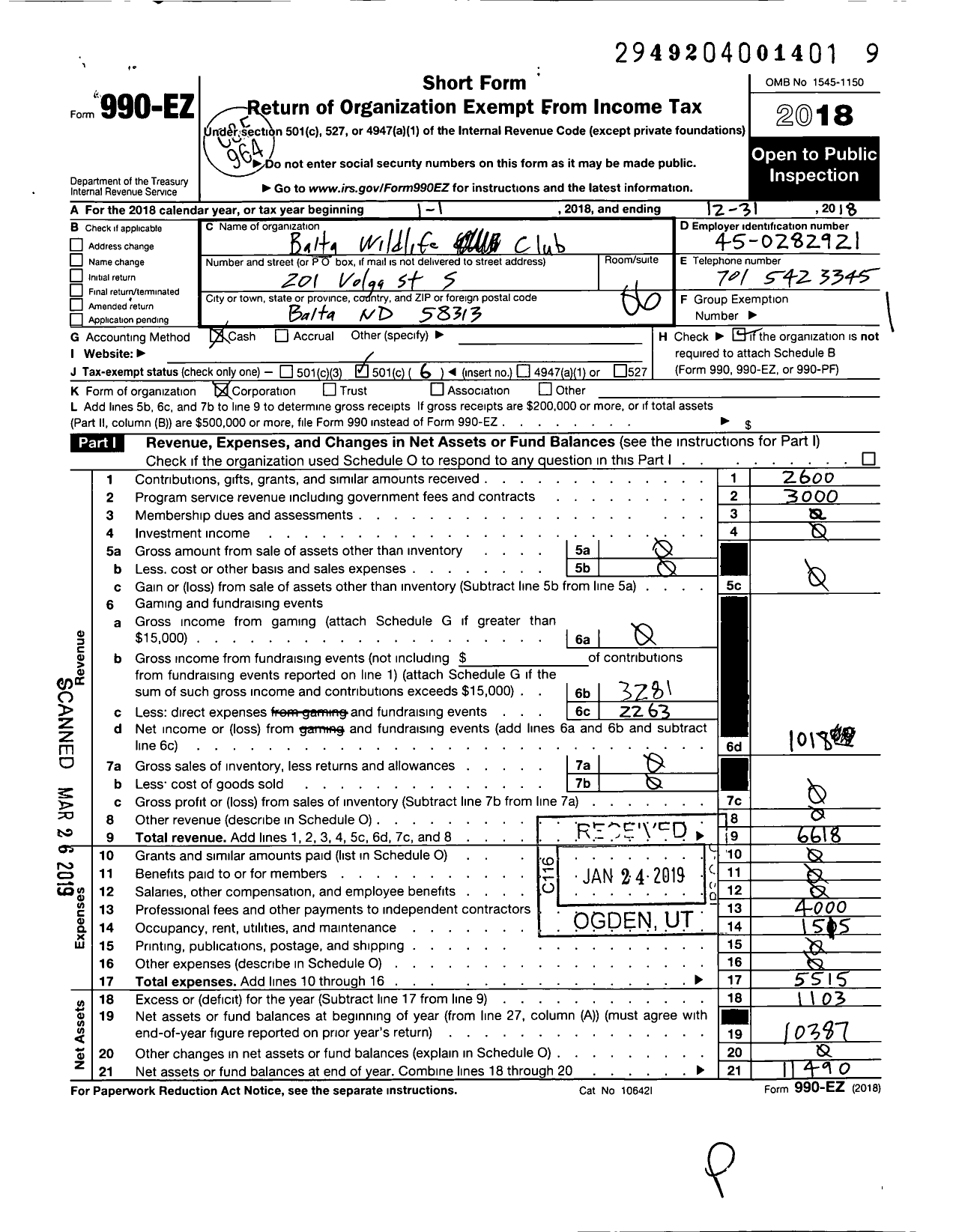 Image of first page of 2018 Form 990EO for Balta Wildlife Club