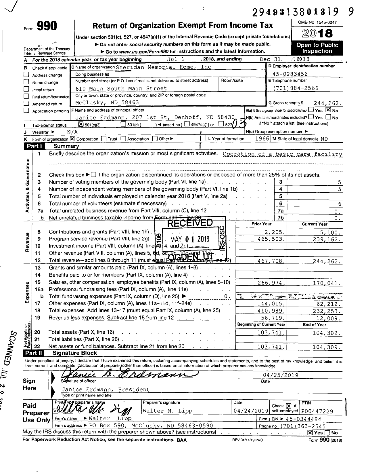 Image of first page of 2018 Form 990 for Sheridan Memorial Home