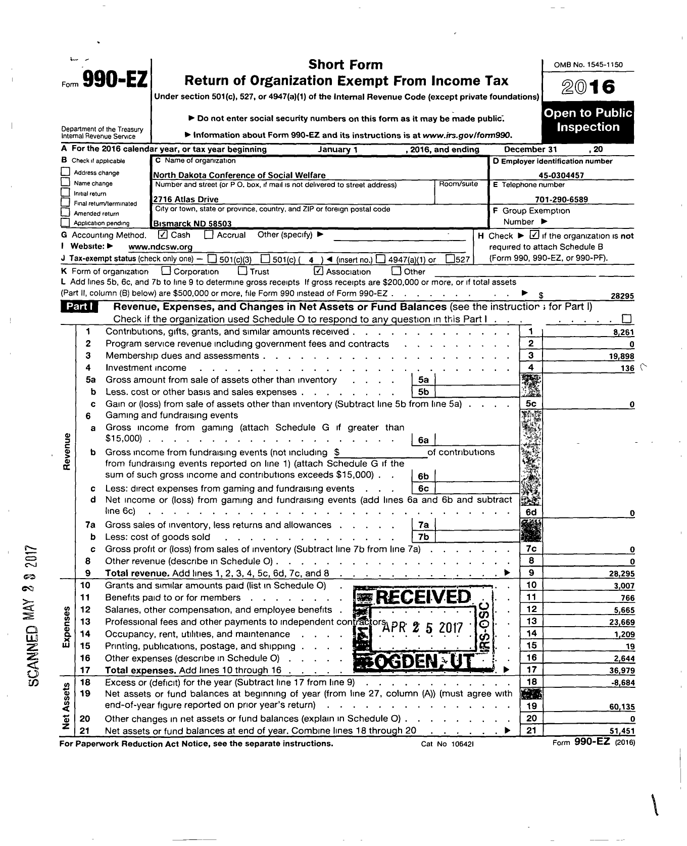 Image of first page of 2016 Form 990EO for North Dakota Conference of Social Welfare