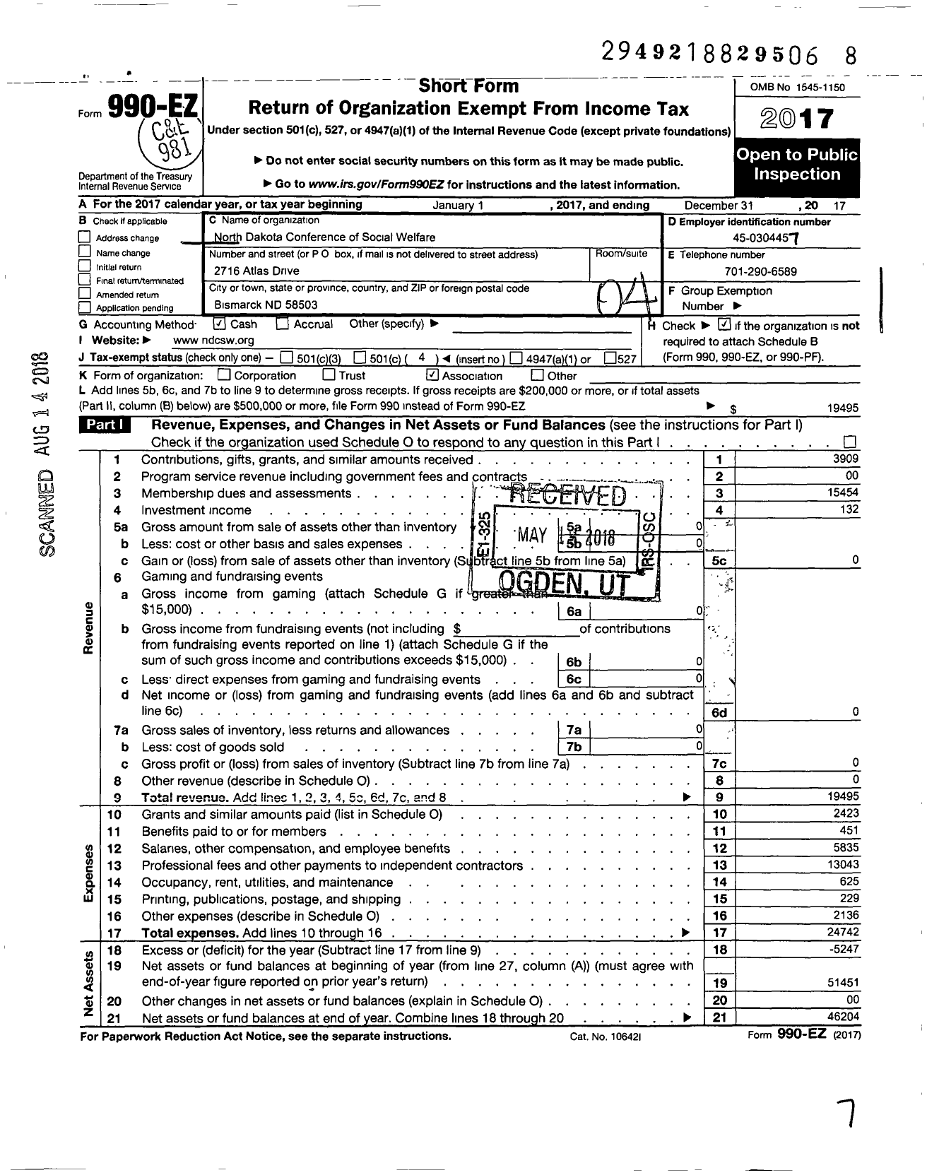 Image of first page of 2017 Form 990EO for North Dakota Conference of Social Welfare