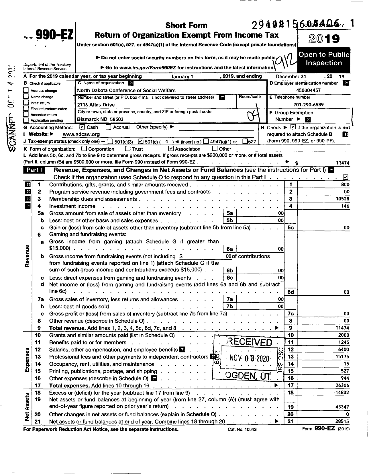 Image of first page of 2019 Form 990EO for North Dakota Conference of Social Welfare