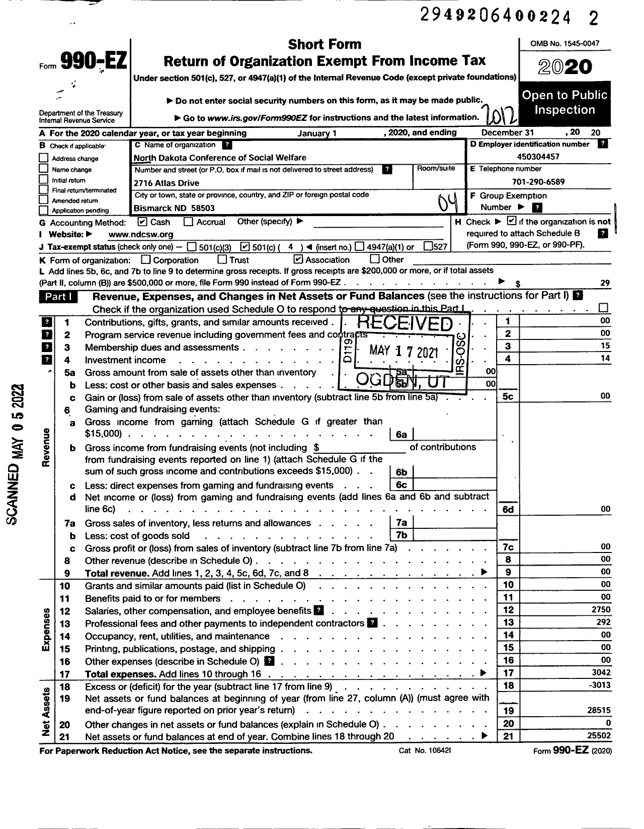 Image of first page of 2020 Form 990EO for North Dakota Conference of Social Welfare