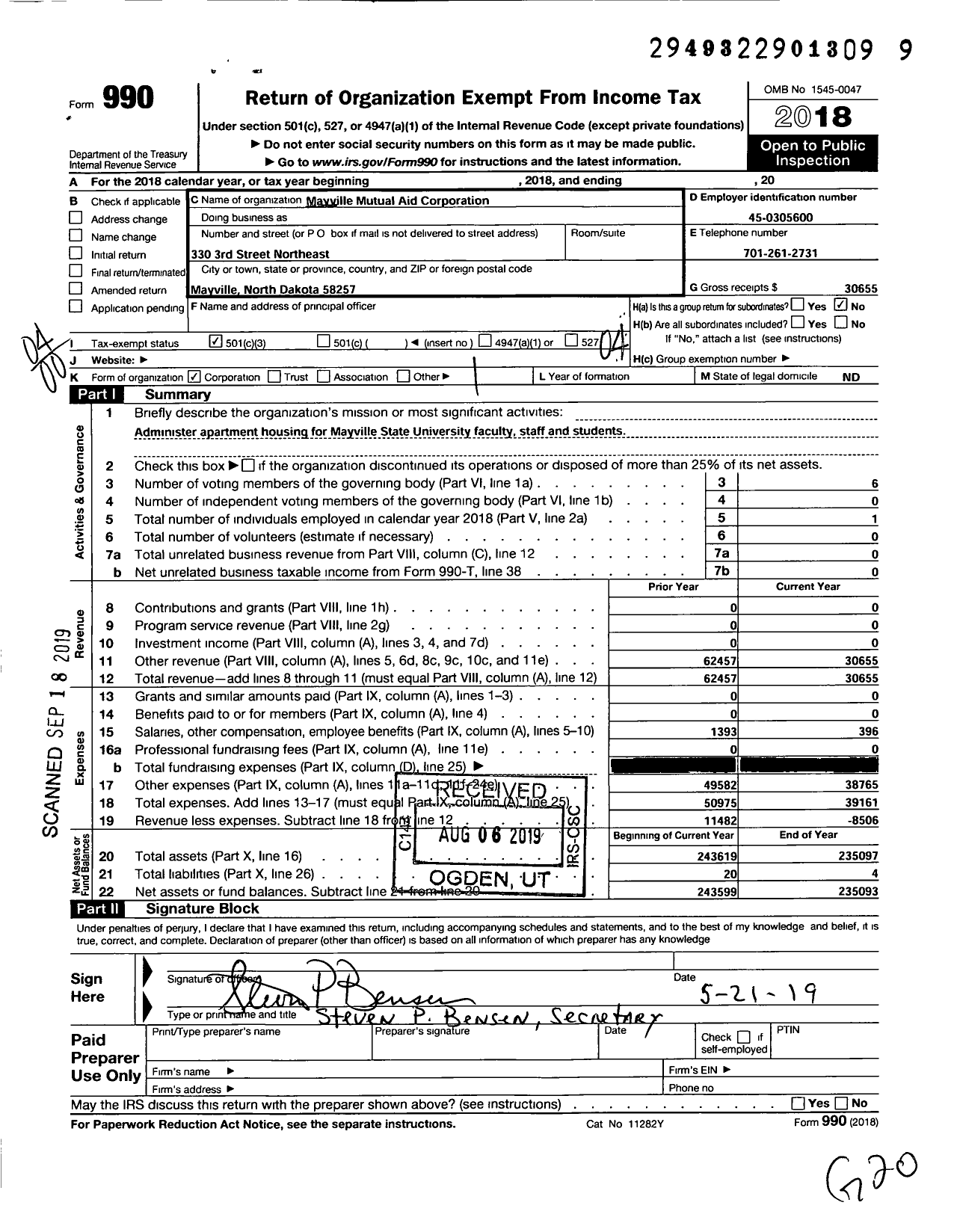 Image of first page of 2018 Form 990O for Mayville Mutual Aid Corporation