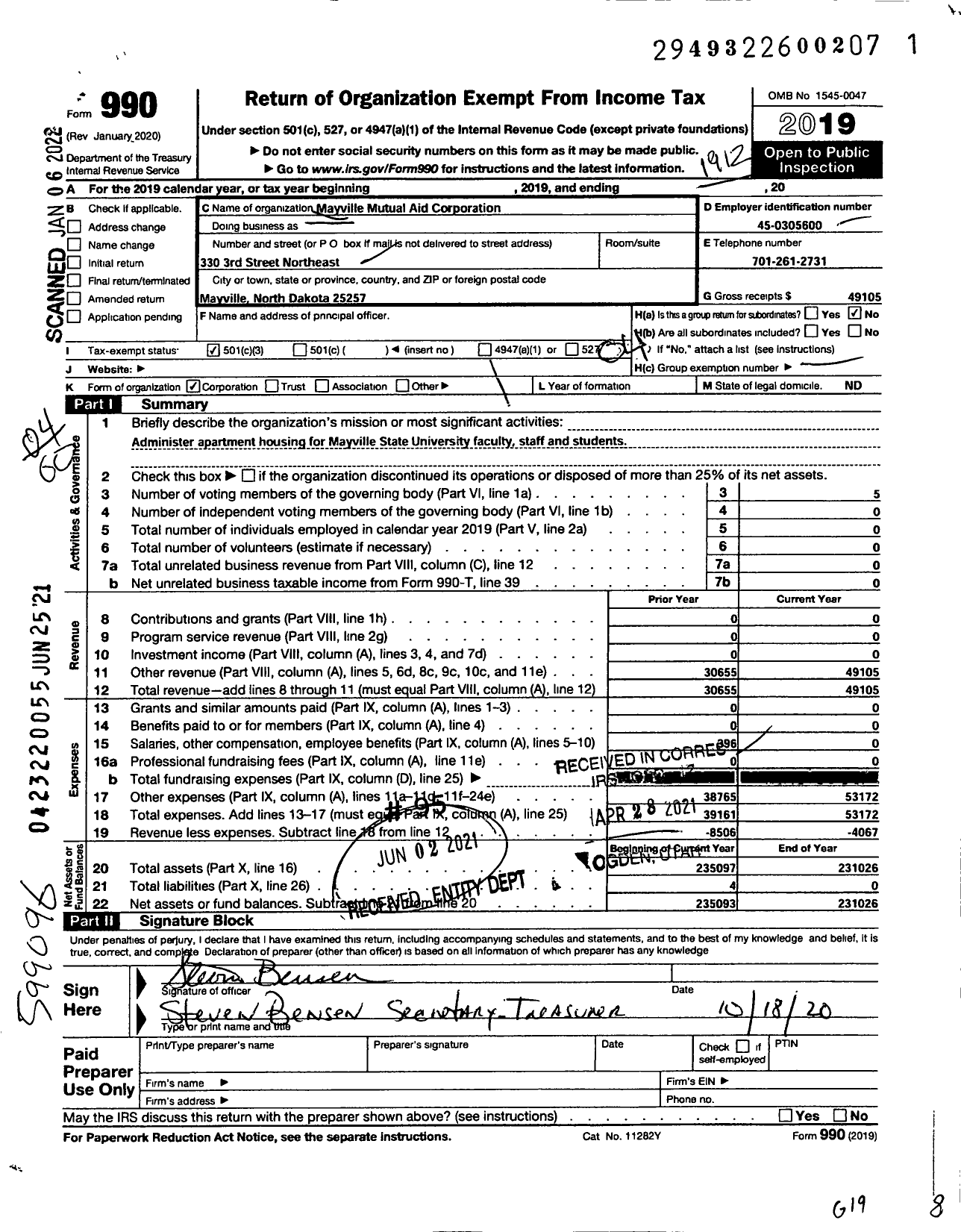 Image of first page of 2019 Form 990O for Mayville Mutual Aid Corporation