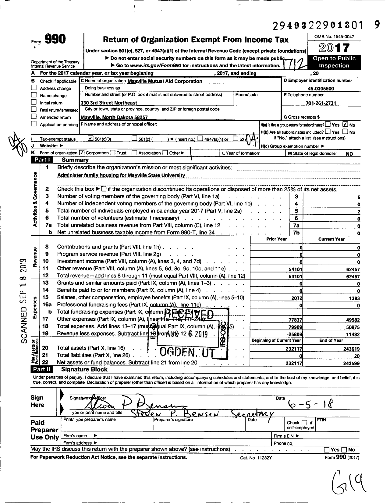 Image of first page of 2017 Form 990O for Mayville Mutual Aid Corporation