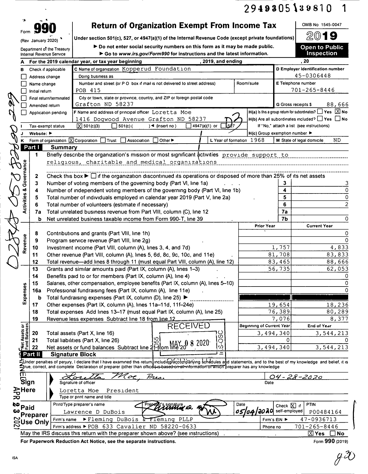 Image of first page of 2019 Form 990 for Kopperud Foundation