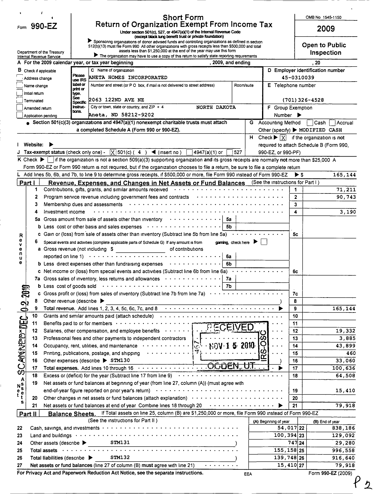 Image of first page of 2009 Form 990EO for Aneta Homes Incorporated