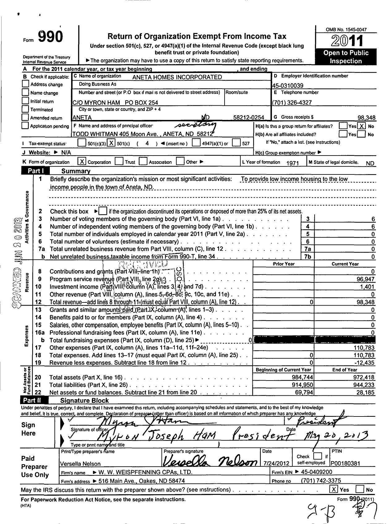 Image of first page of 2011 Form 990O for Aneta Homes Incorporated